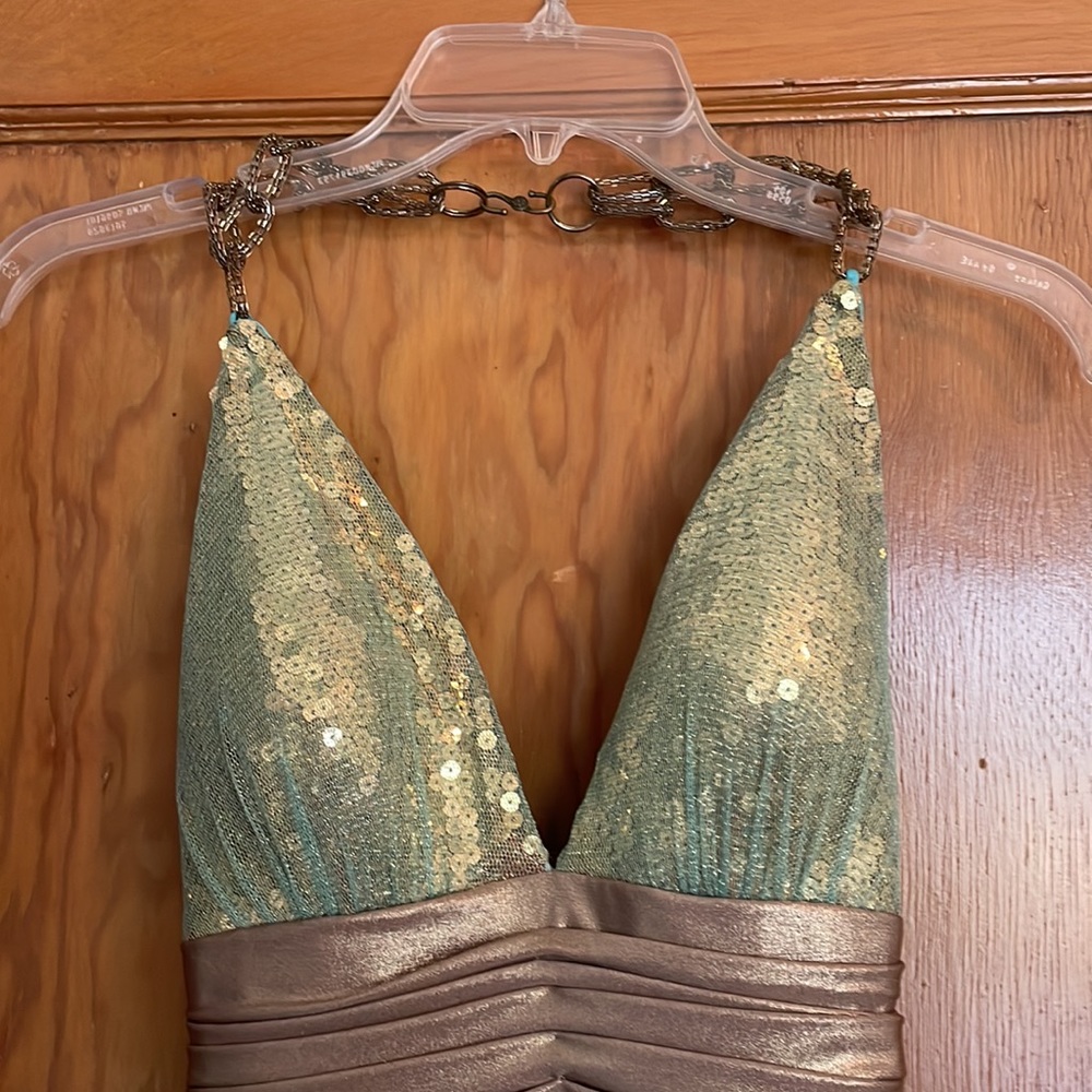 Long, gold sequin dress with teal overlay - Picture 2 of 7